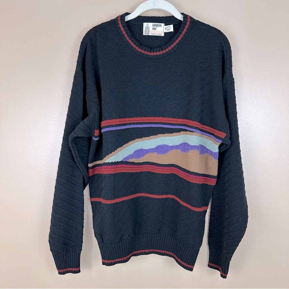 Vintage London Fog Mens Black Multicolor Crewneck Textured Knit Sweater Medium